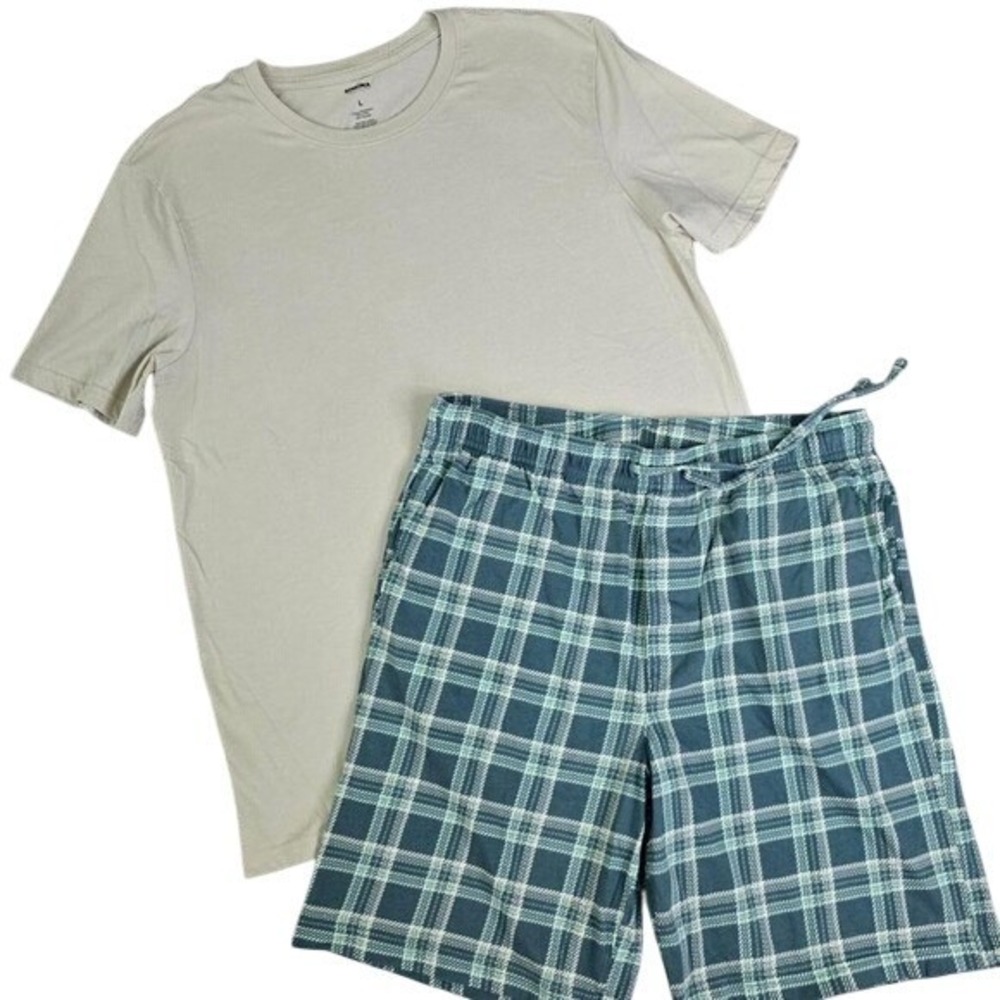 Sonoma Mens Lounge Pajama Set Tan T-Shirt L Green Plaid Shorts‎ M Loungewear